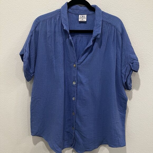 CMC Color Me Cotton Blue Gauzy Cotton Shirt Sz L Oversized Lagenlook Modest - Picture 1 of 8